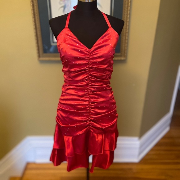 Red Halter Neck Ruched Dress - Picture 1 of 4